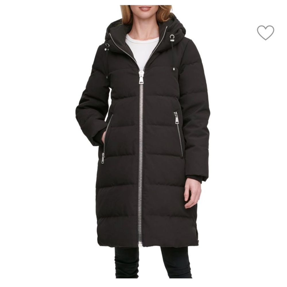 DKNY women hood down-filled puffer jacket coat long zipper black Sz XS